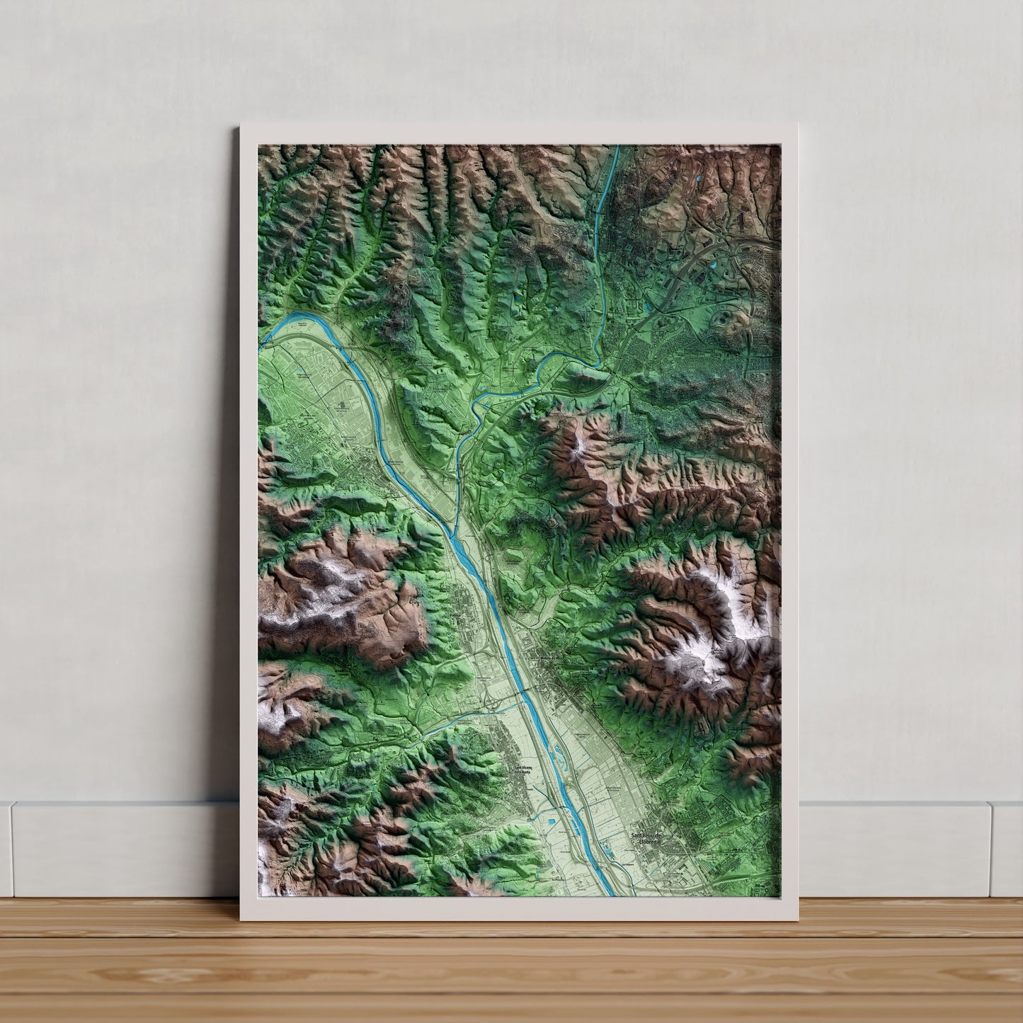 Mapa artístico del relieve del Papiol, al Baix Llobregat, con 15 km de entorno y base topográfica ICGC. Presentación enmarcada.