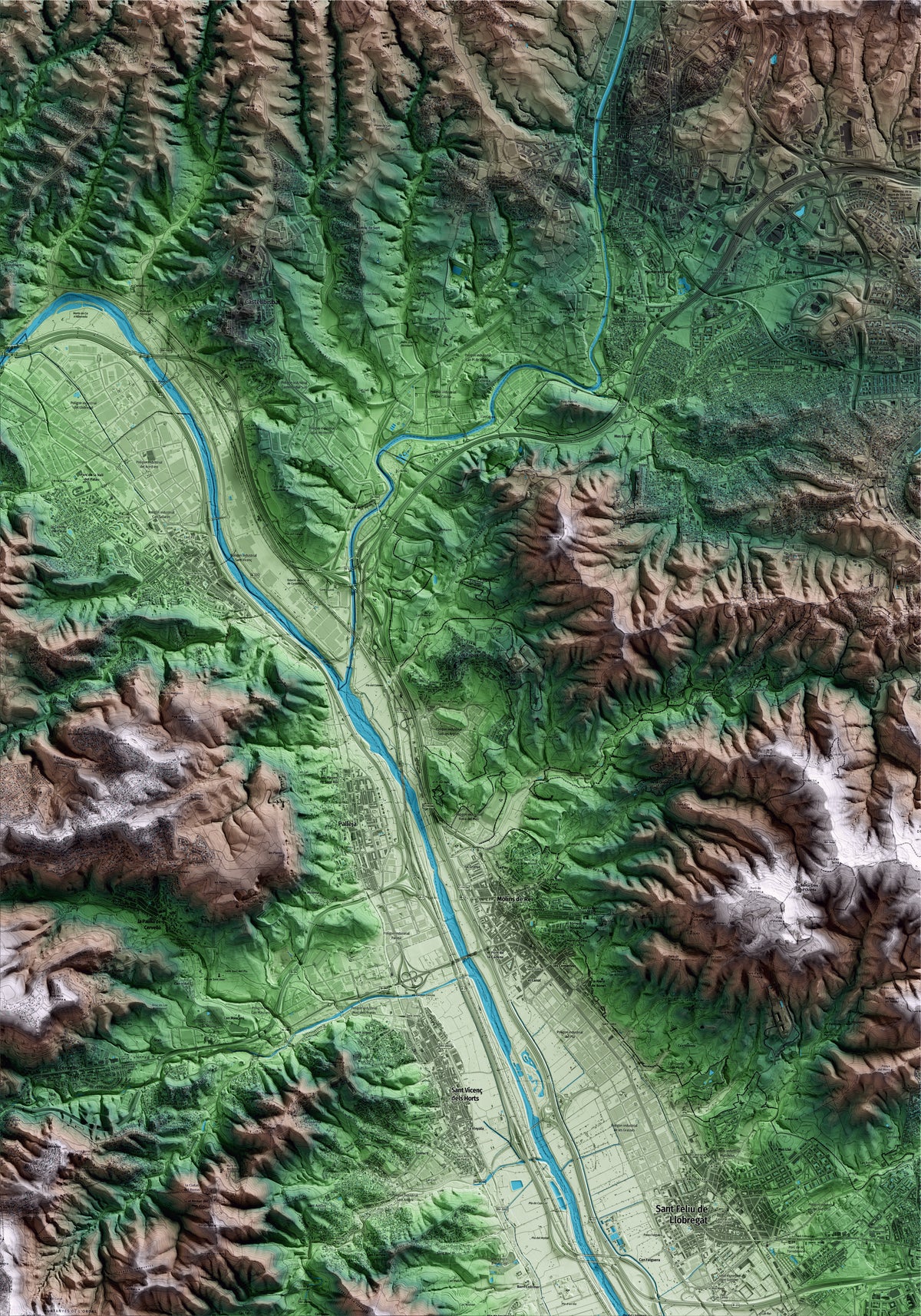Mapa artístico del relieve del Papiol, al Baix Llobregat, con 15 km de entorno y base topográfica ICGC