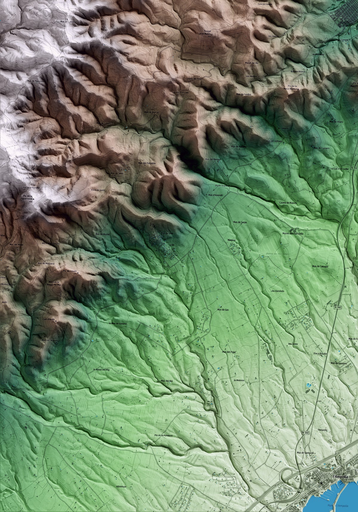 Mapa artístico del relieve del Perelló, al Baix Ebre, con 15 km de entorno y base topográfica ICGC. Detalle de la zona inferior izquierda.