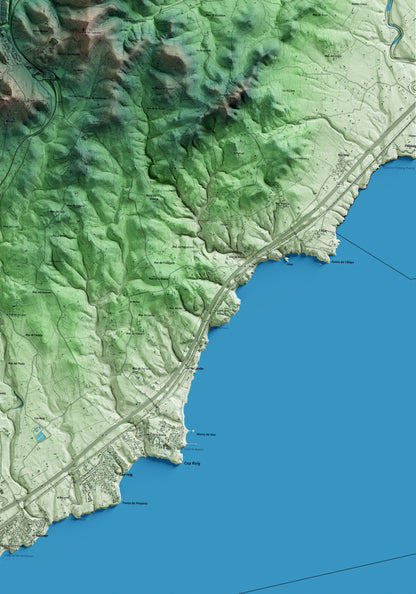 Mapa artístico del relieve del Perelló, al Baix Ebre, con 15 km de entorno y base topográfica ICGC. Detalle de la zona inferior derecha.