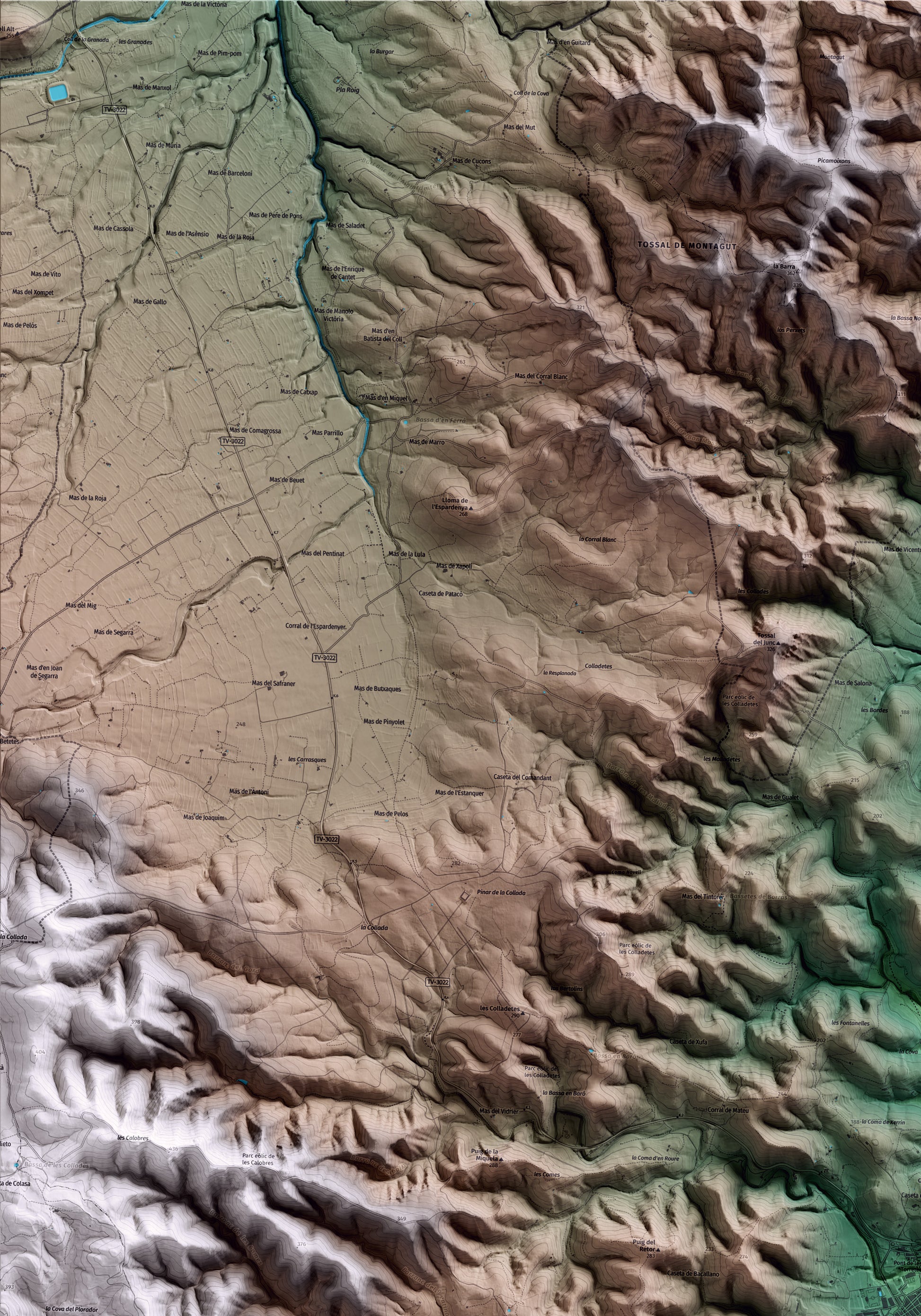 Mapa artístico del relieve del Perelló, al Baix Ebre, con 15 km de entorno y base topográfica ICGC. Detalle de la zona superior izquierda.