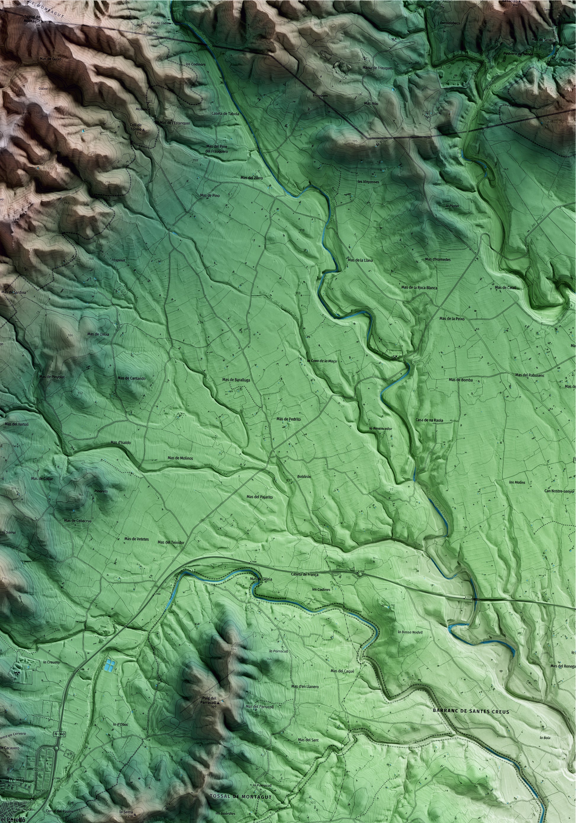 Mapa artístico del relieve del Perelló, al Baix Ebre, con 15 km de entorno y base topográfica ICGC. Detalle de la zona superior derecha.