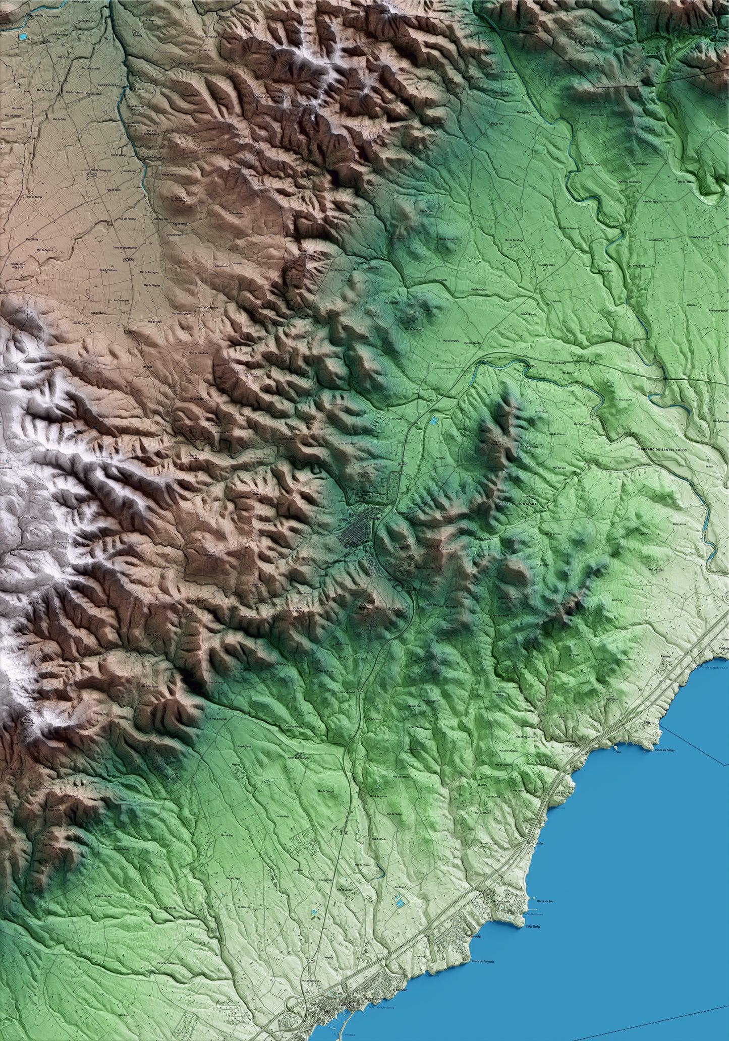 Mapa artístico del relieve del Perelló, al Baix Ebre, con 15 km de entorno y base topográfica ICGC