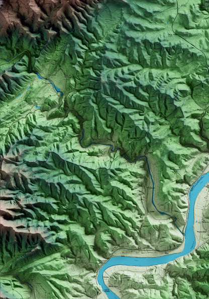Mapa artístico del relieve del Pinell de Brai, a la Terra Alta, con 15 km de entorno y base topográfica ICGC. Detalle de la zona inferior izquierda.