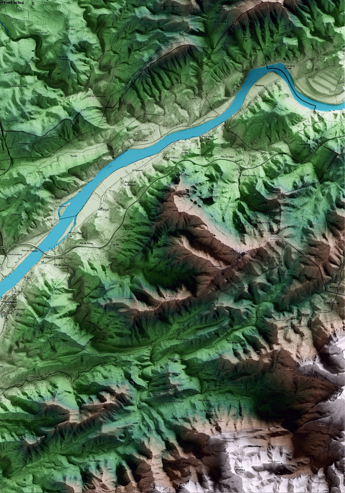Mapa artístico del relieve del Pinell de Brai, a la Terra Alta, con 15 km de entorno y base topográfica ICGC. Detalle de la zona inferior derecha.