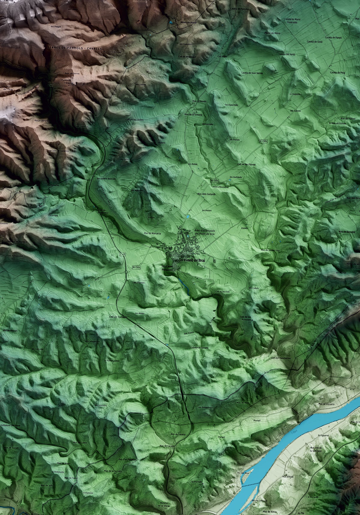 Mapa artístico del relieve del Pinell de Brai, a la Terra Alta, con 15 km de entorno y base topográfica ICGC. Detalle de la zona central.