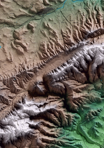 Mapa artístico del relieve del Pinell de Brai, a la Terra Alta, con 15 km de entorno y base topográfica ICGC. Detalle de la zona superior izquierda.