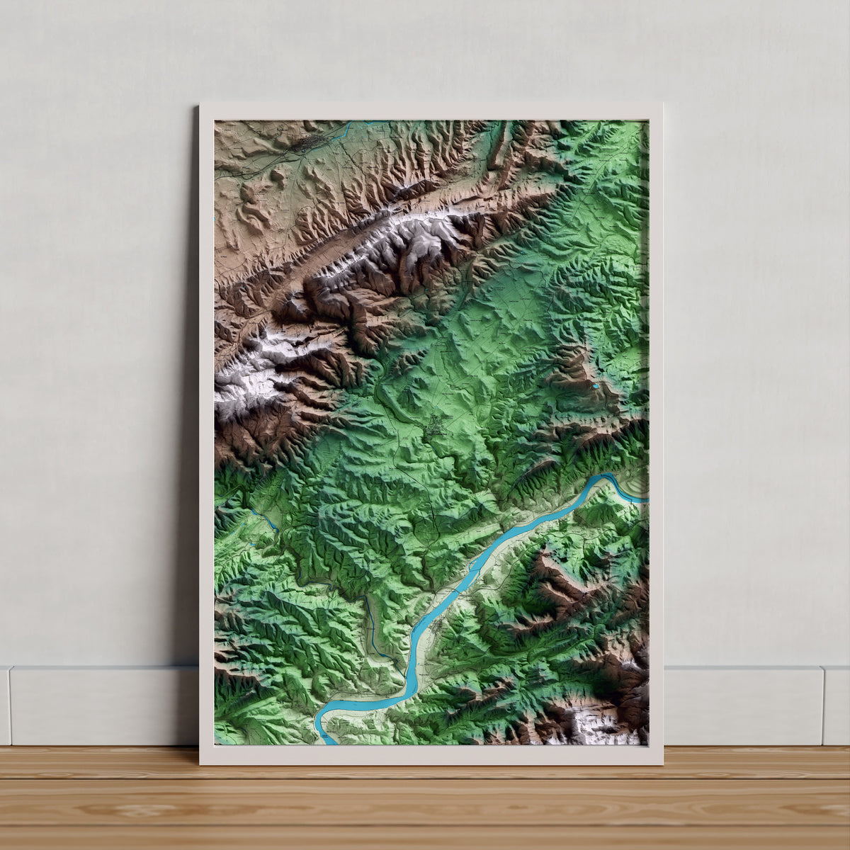 Mapa artístico del relieve del Pinell de Brai, a la Terra Alta, con 15 km de entorno y base topográfica ICGC. Presentación enmarcada.