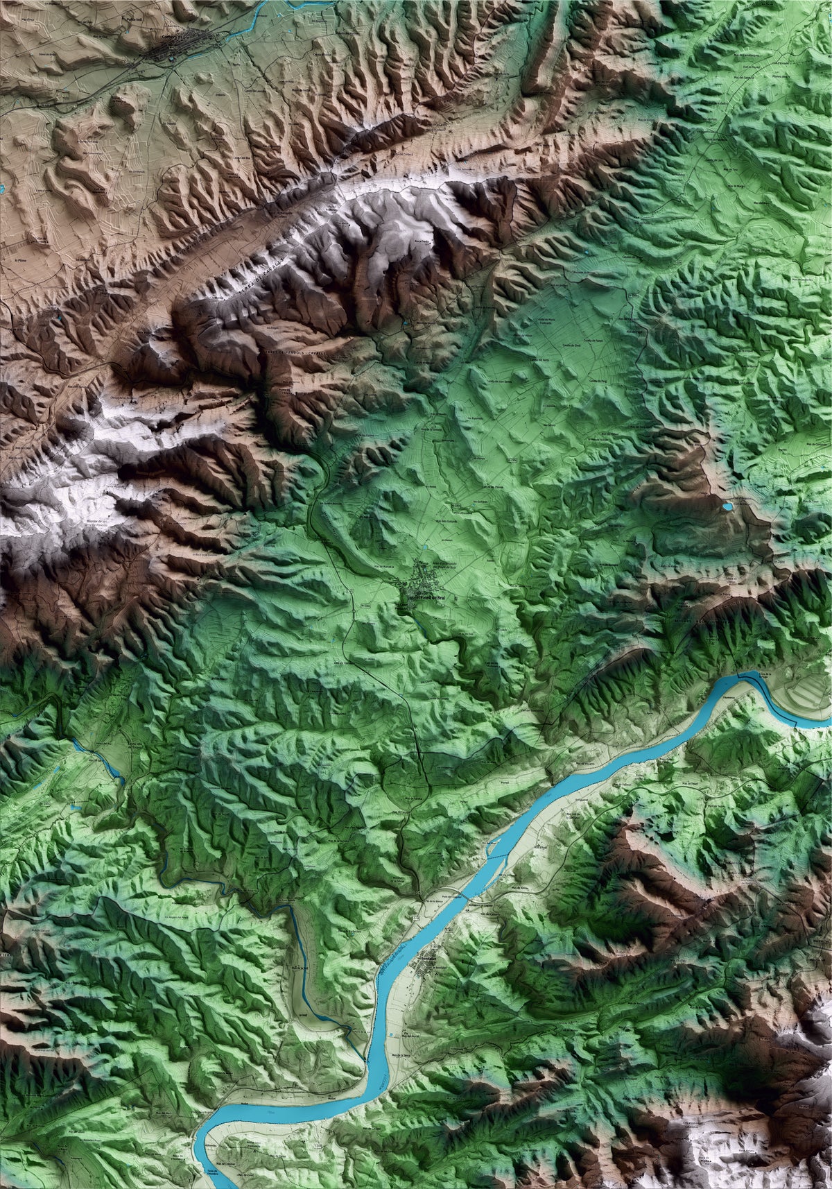 Mapa artístico del relieve del Pinell de Brai, a la Terra Alta, con 15 km de entorno y base topográfica ICGC
