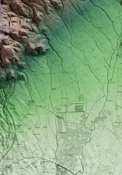 Mapa artístico del relieve del Pla de Santa Maria, al Alt Camp, con 15 km de entorno y base topográfica ICGC. Detalle de la zona inferior izquierda.