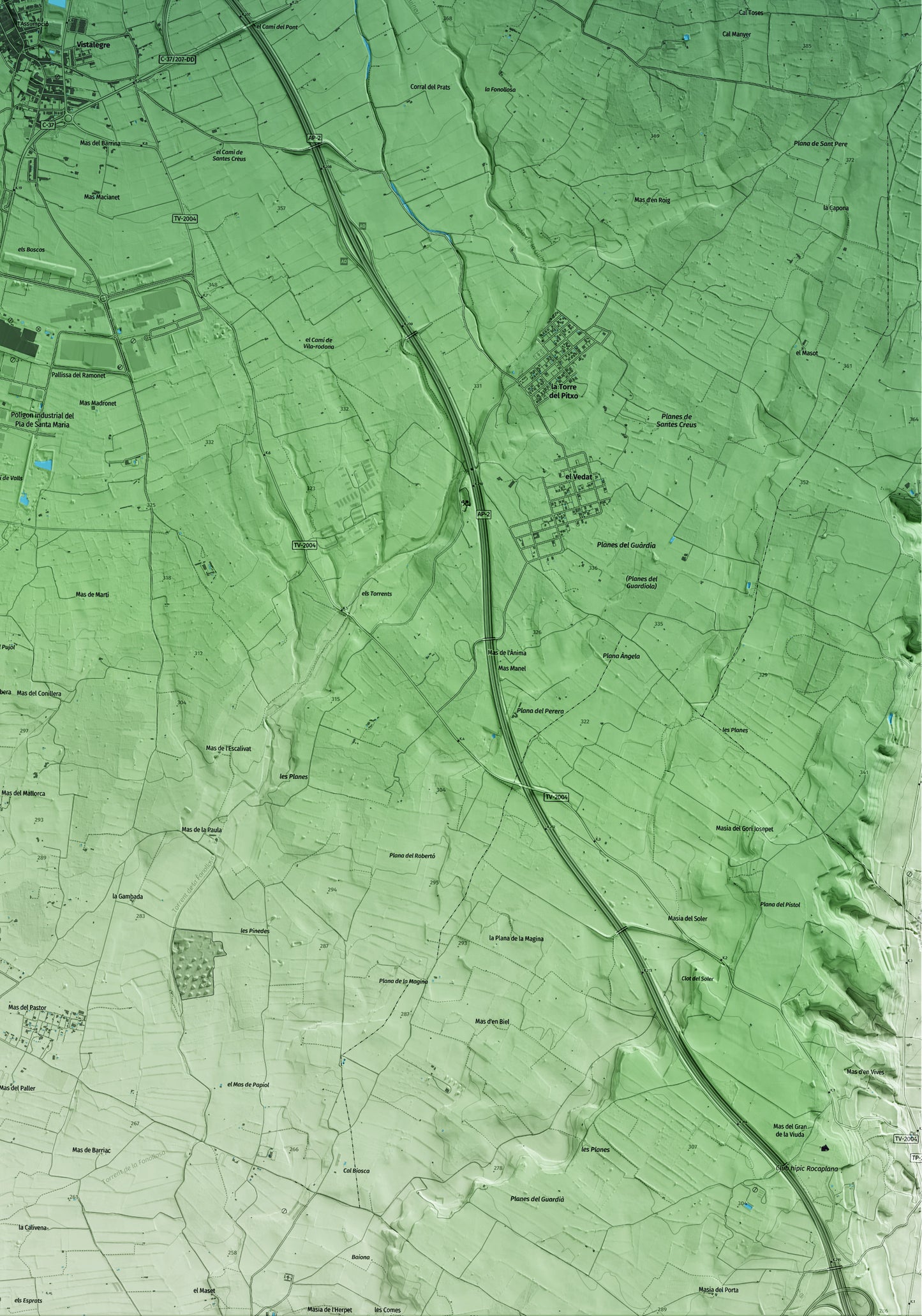 Mapa artístico del relieve del Pla de Santa Maria, al Alt Camp, con 15 km de entorno y base topográfica ICGC. Detalle de la zona inferior derecha.