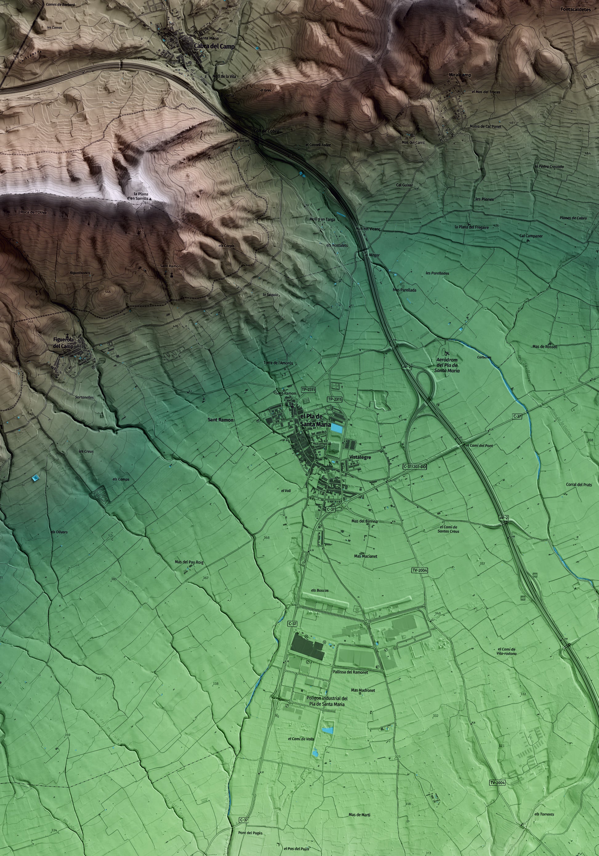 Mapa artístico del relieve del Pla de Santa Maria, al Alt Camp, con 15 km de entorno y base topográfica ICGC. Detalle de la zona central.