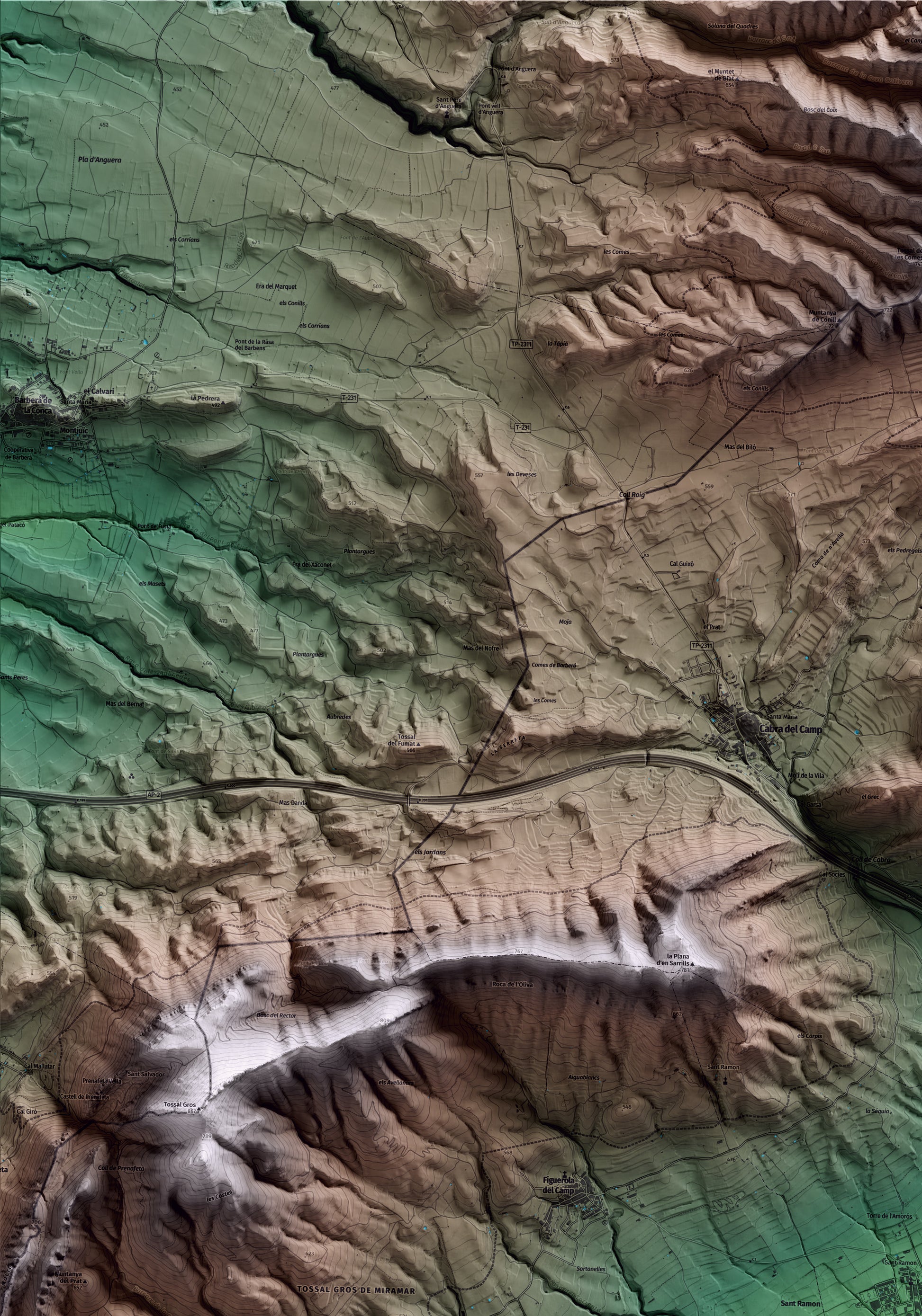 Mapa artístico del relieve del Pla de Santa Maria, al Alt Camp, con 15 km de entorno y base topográfica ICGC. Detalle de la zona superior izquierda.