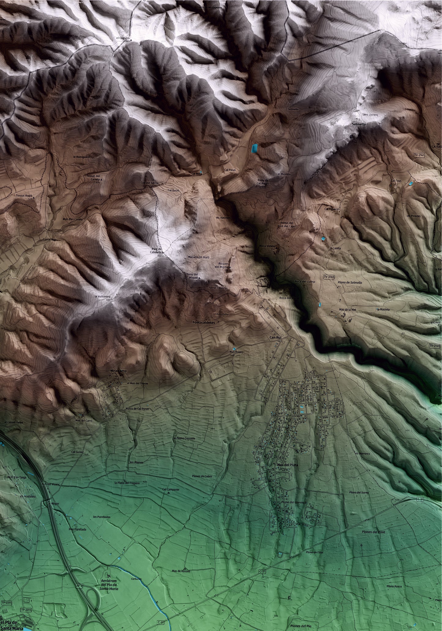 Mapa artístico del relieve del Pla de Santa Maria, al Alt Camp, con 15 km de entorno y base topográfica ICGC. Detalle de la zona superior derecha.