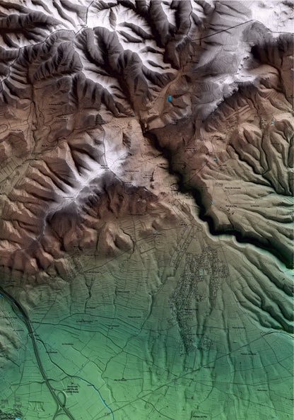 Mapa artístico del relieve del Pla de Santa Maria, al Alt Camp, con 15 km de entorno y base topográfica ICGC. Detalle de la zona superior derecha.