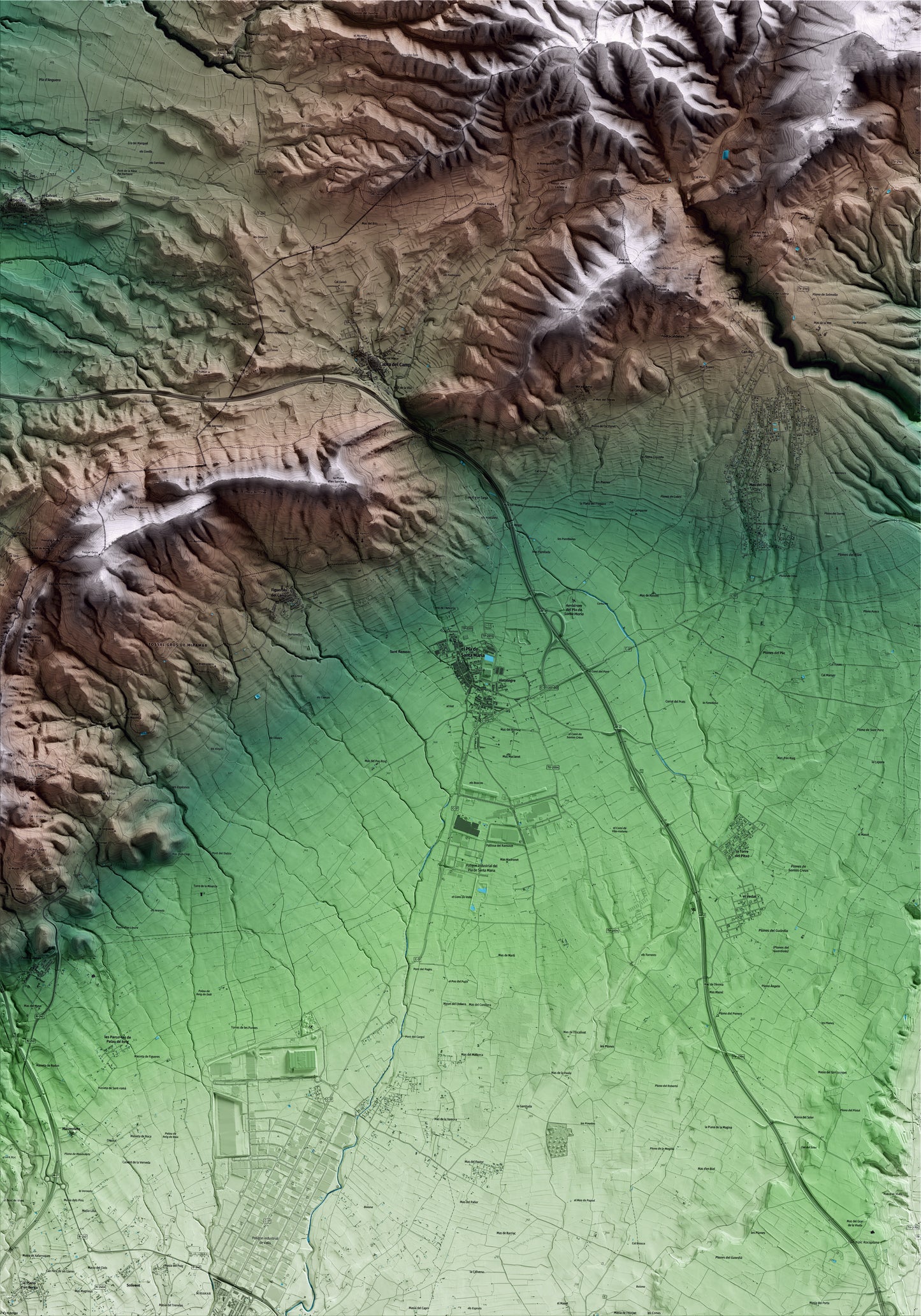 Mapa artístico del relieve del Pla de Santa Maria, al Alt Camp, con 15 km de entorno y base topográfica ICGC