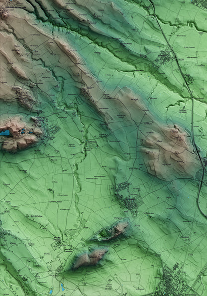 Mapa artístico del relieve del Pla del Penedès, al Alt Penedès, con 15 km de entorno y base topográfica ICGC. Detalle de la zona inferior izquierda.