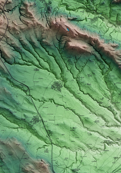 Mapa artístico del relieve del Pla del Penedès, al Alt Penedès, con 15 km de entorno y base topográfica ICGC. Detalle de la zona central.