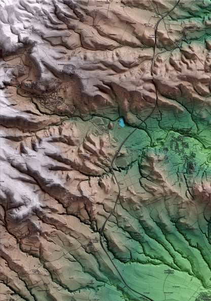 Mapa artístico del relieve del Pla del Penedès, al Alt Penedès, con 15 km de entorno y base topográfica ICGC. Detalle de la zona superior izquierda.