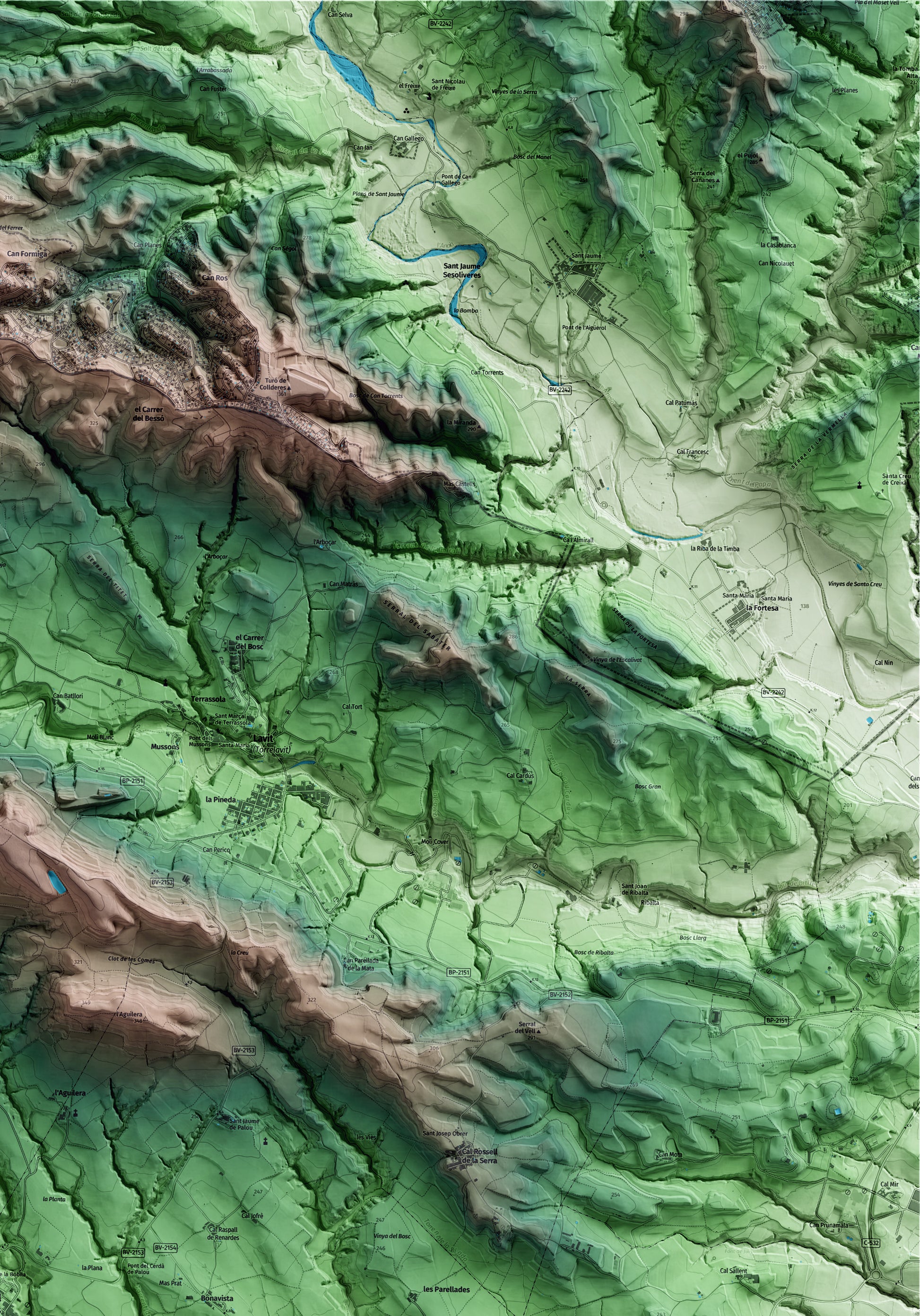 Mapa artístico del relieve del Pla del Penedès, al Alt Penedès, con 15 km de entorno y base topográfica ICGC. Detalle de la zona superior derecha.