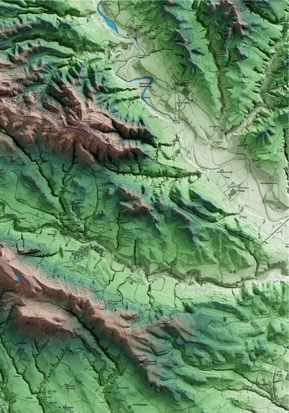 Mapa artístico del relieve del Pla del Penedès, al Alt Penedès, con 15 km de entorno y base topográfica ICGC. Detalle de la zona superior derecha.