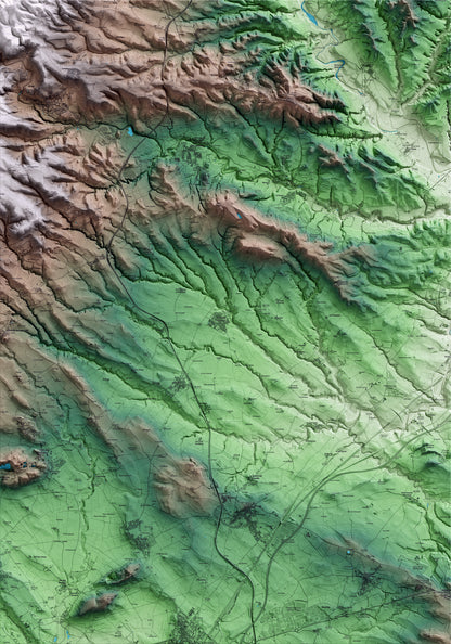 Mapa artístico del relieve del Pla del Penedès, al Alt Penedès, con 15 km de entorno y base topográfica ICGC