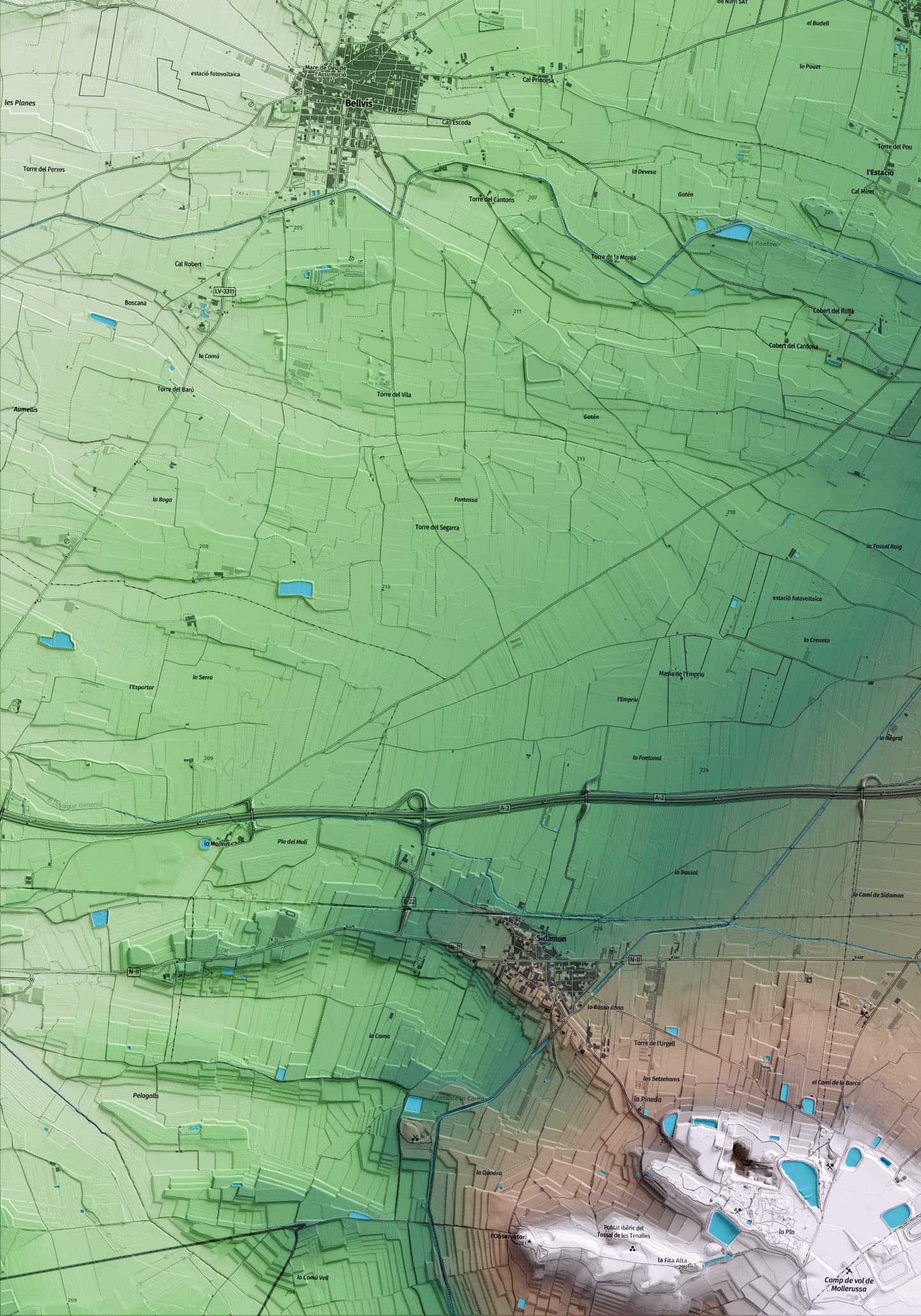 Mapa artístico del relieve del Poal, en el Pla d'Urgell, con 15 km de entorno y base topográfica ICGC. Detalle de la zona inferior izquierda.