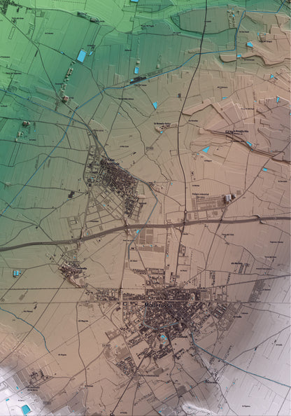 Mapa artístico del relieve del Poal, en el Pla d'Urgell, con 15 km de entorno y base topográfica ICGC. Detalle de la zona inferior derecha.