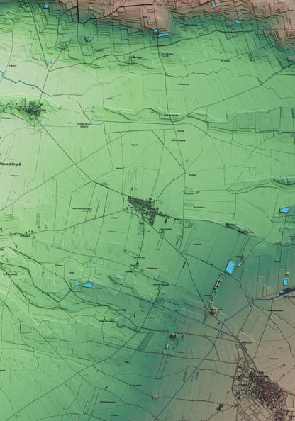 Mapa artístico del relieve del Poal, en el Pla d'Urgell, con 15 km de entorno y base topográfica ICGC. Detalle de la zona central.