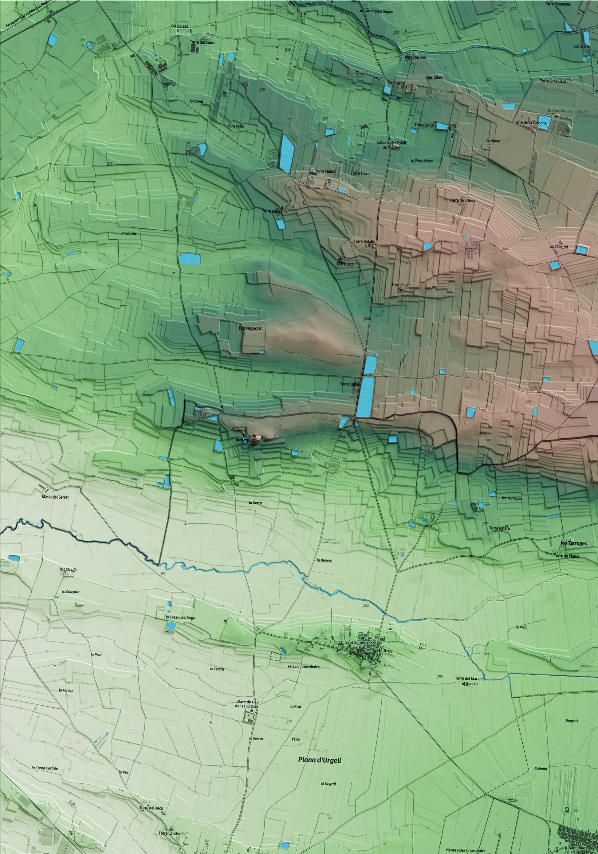 Mapa artístico del relieve del Poal, en el Pla d'Urgell, con 15 km de entorno y base topográfica ICGC. Detalle de la zona superior izquierda.
