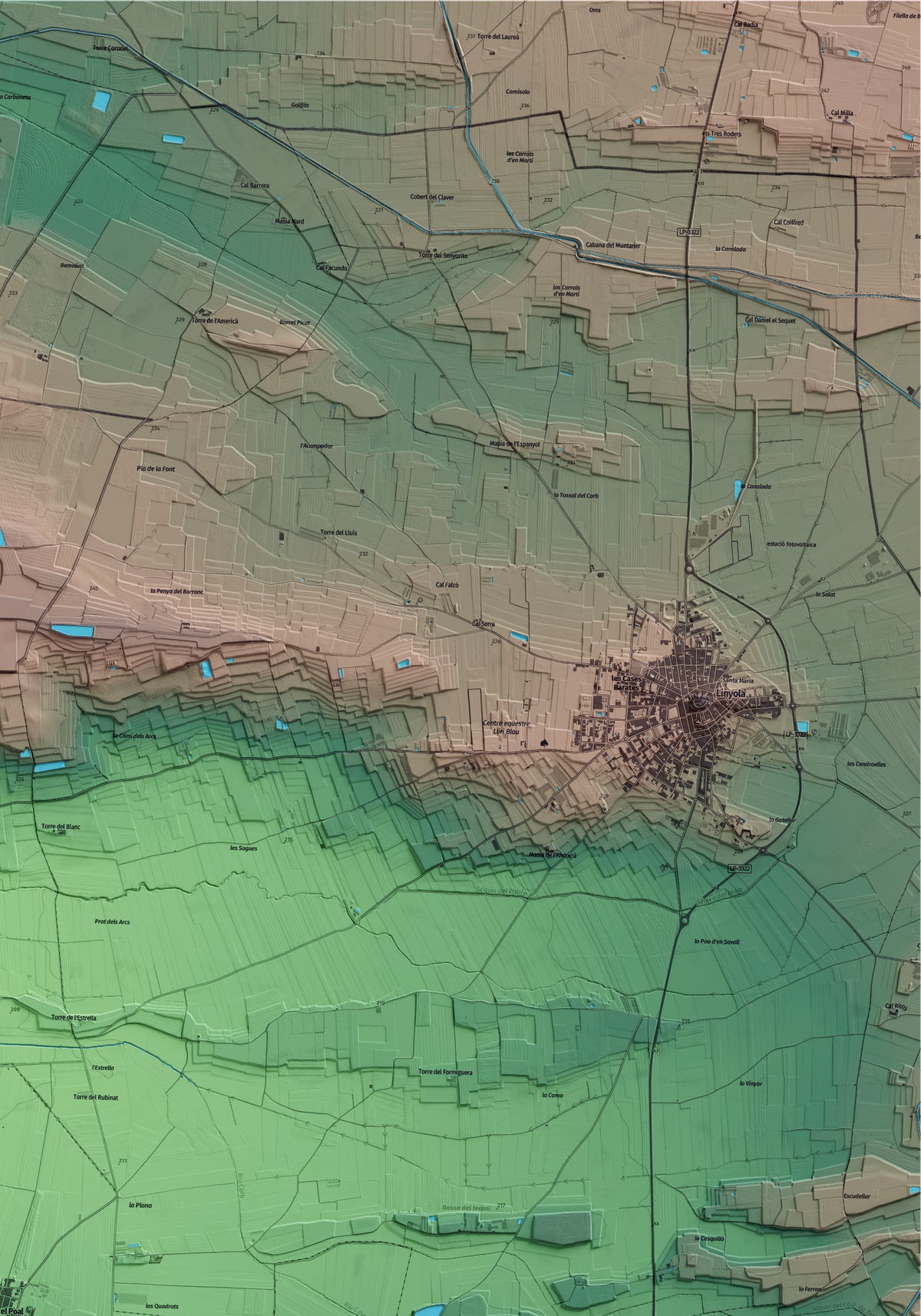 Mapa artístico del relieve del Poal, en el Pla d'Urgell, con 15 km de entorno y base topográfica ICGC. Detalle de la zona superior derecha.