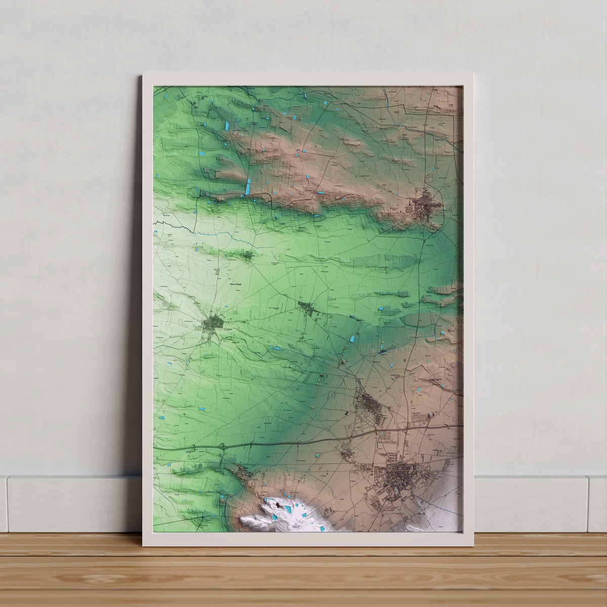 Mapa artístico del relieve del Poal, en el Pla d'Urgell, con 15 km de entorno y base topográfica ICGC. Presentación enmarcada.