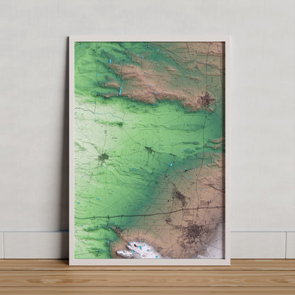 Mapa artístico del relieve del Poal, en el Pla d'Urgell, con 15 km de entorno y base topográfica ICGC. Presentación enmarcada.