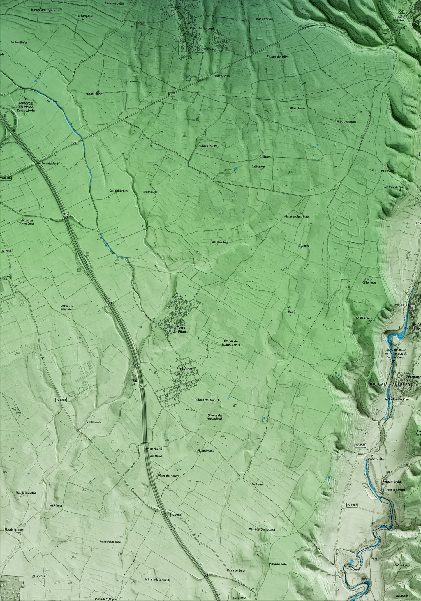 Mapa artístico del relieve del Pont d'Armentera, al Alt Camp, con 15 km de entorno y base topográfica ICGC. Detalle de la zona inferior izquierda.