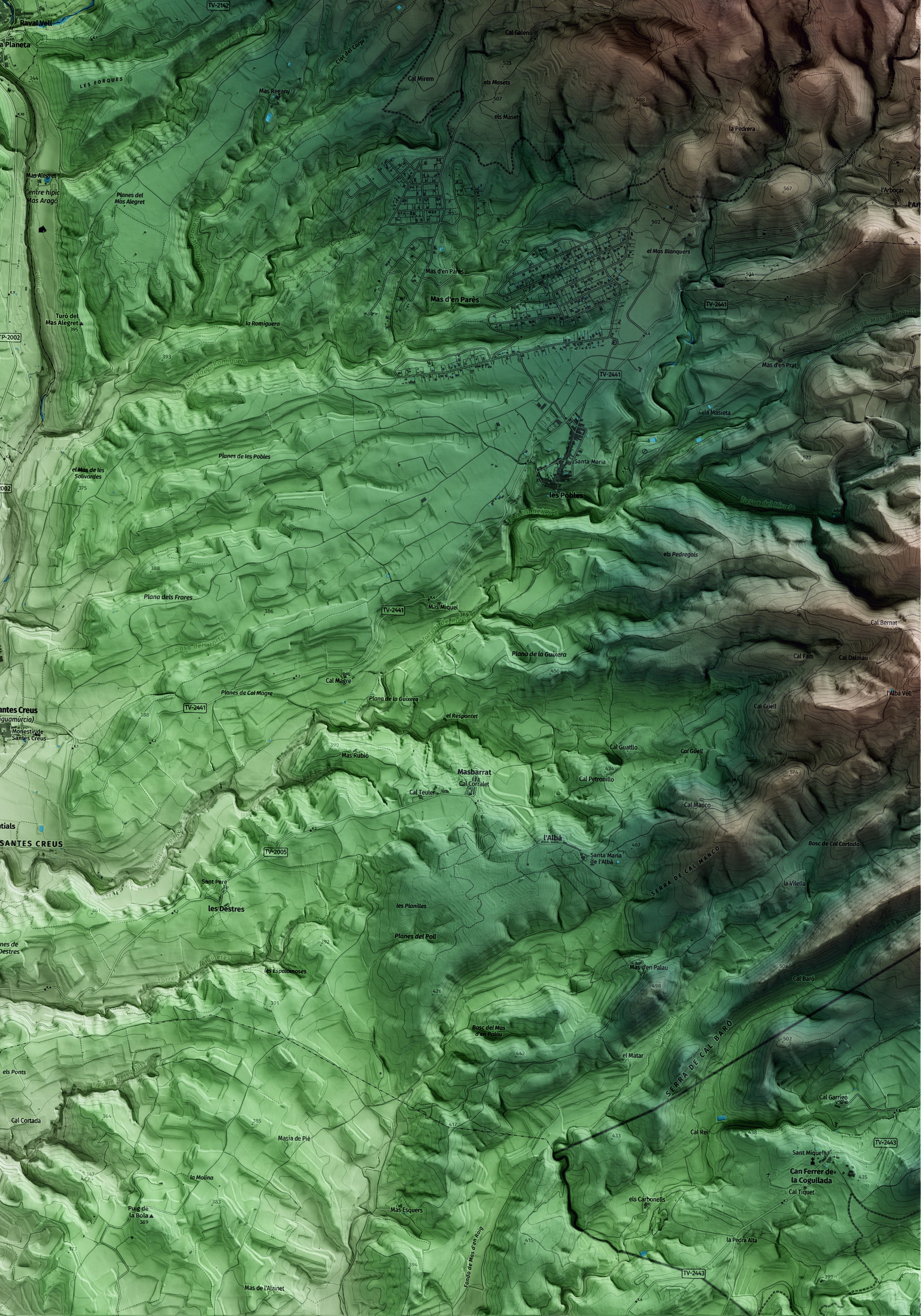 Mapa artístico del relieve del Pont d'Armentera, al Alt Camp, con 15 km de entorno y base topográfica ICGC. Detalle de la zona inferior derecha.