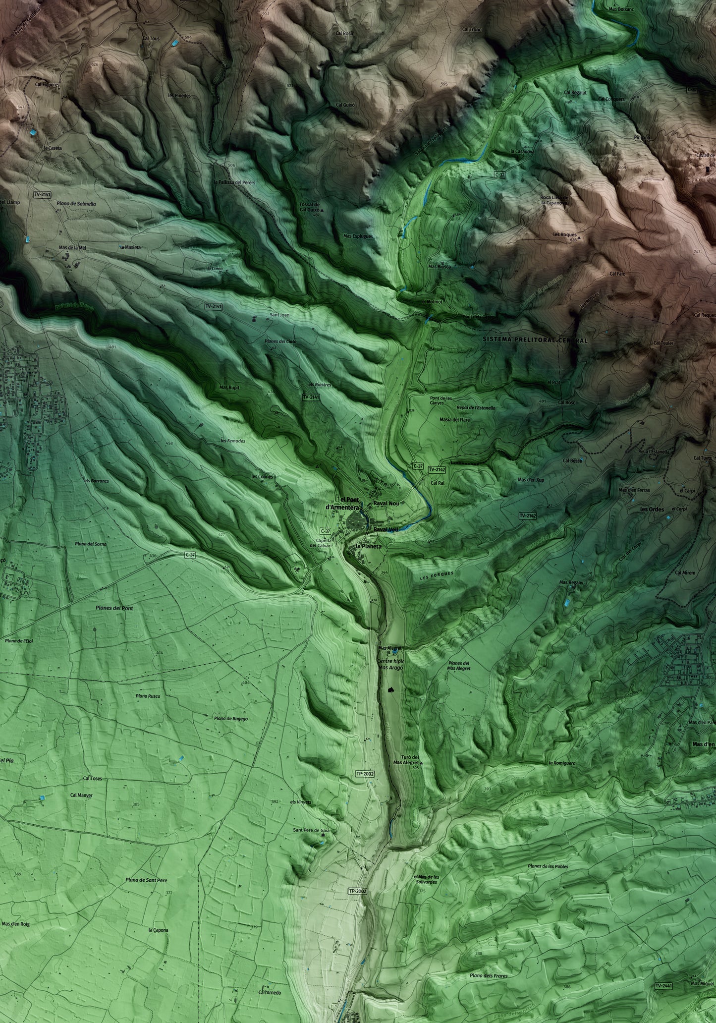 Mapa artístico del relieve del Pont d'Armentera, al Alt Camp, con 15 km de entorno y base topográfica ICGC. Detalle de la zona central.