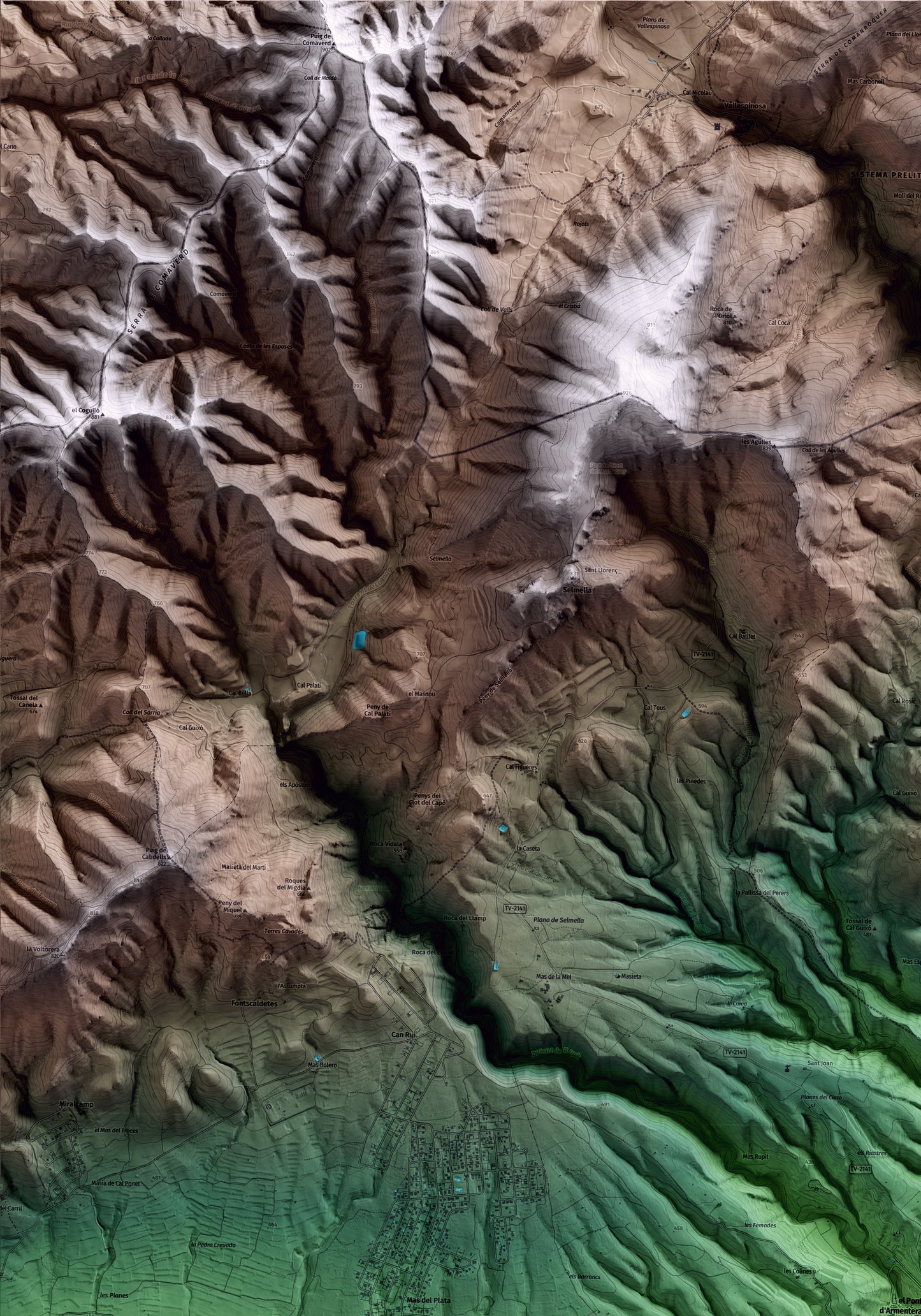 Mapa artístico del relieve del Pont d'Armentera, al Alt Camp, con 15 km de entorno y base topográfica ICGC. Detalle de la zona superior izquierda.