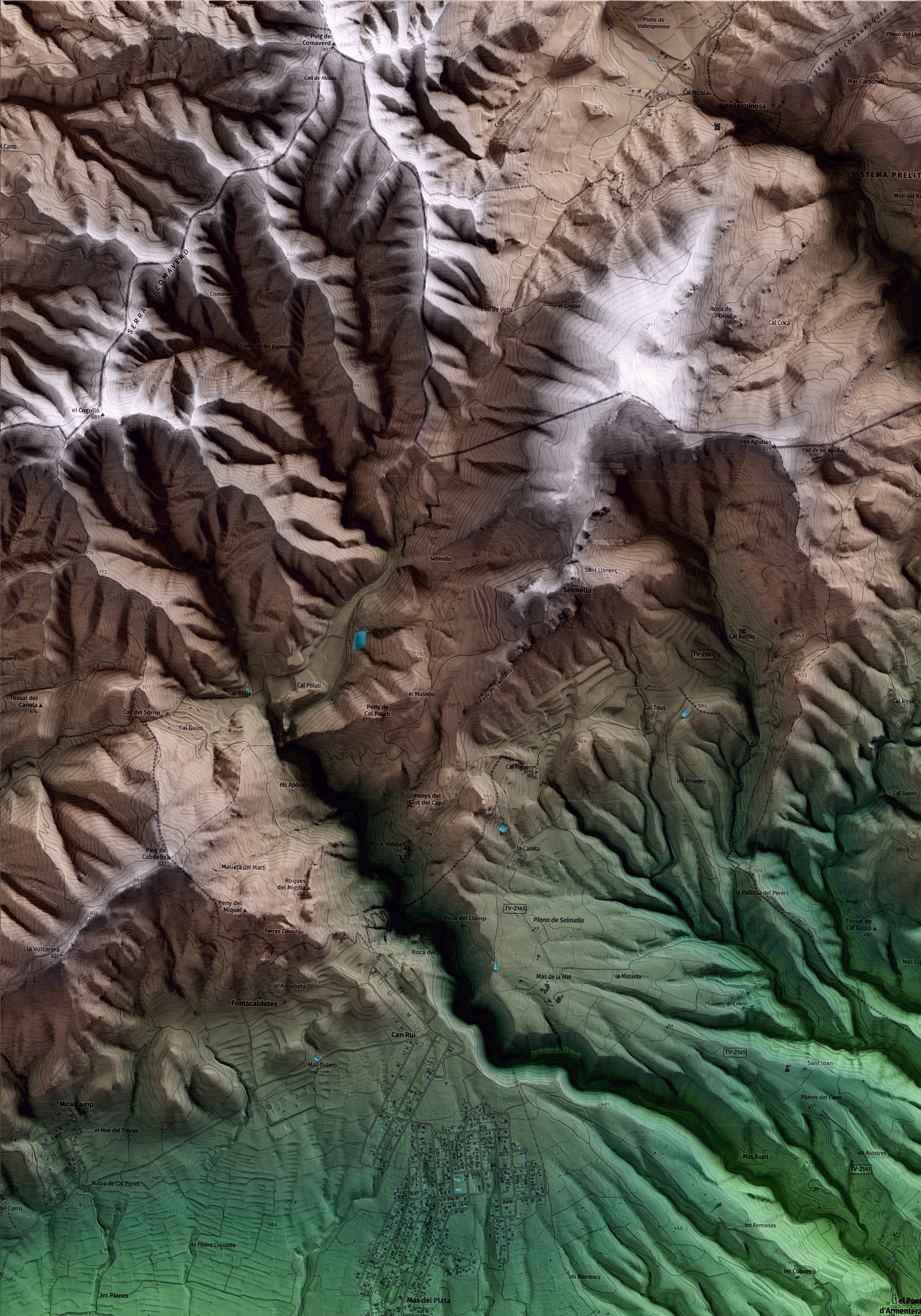 Mapa artístico del relieve del Pont d'Armentera, al Alt Camp, con 15 km de entorno y base topográfica ICGC. Detalle de la zona superior izquierda.
