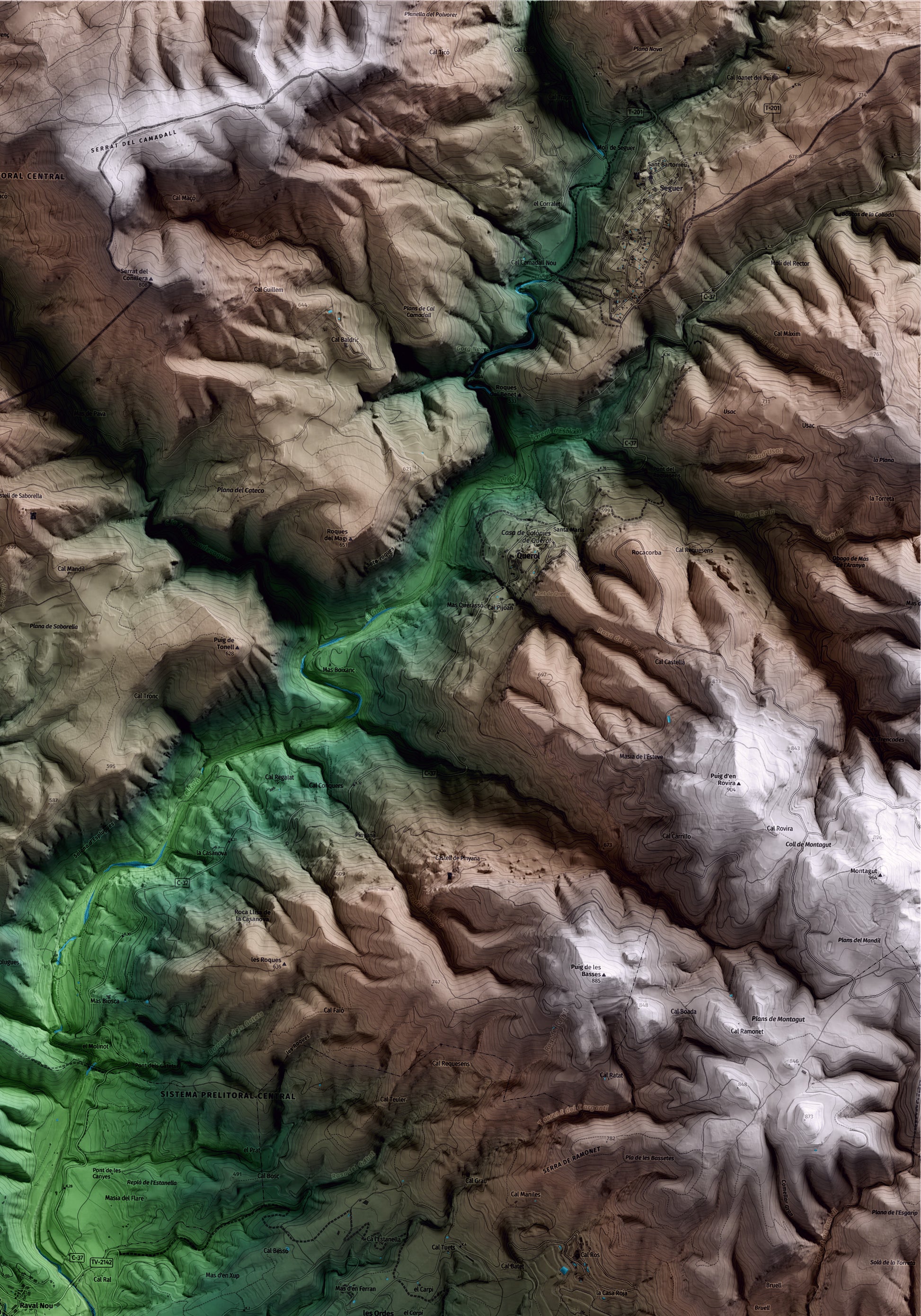 Mapa artístico del relieve del Pont d'Armentera, al Alt Camp, con 15 km de entorno y base topográfica ICGC. Detalle de la zona superior derecha.