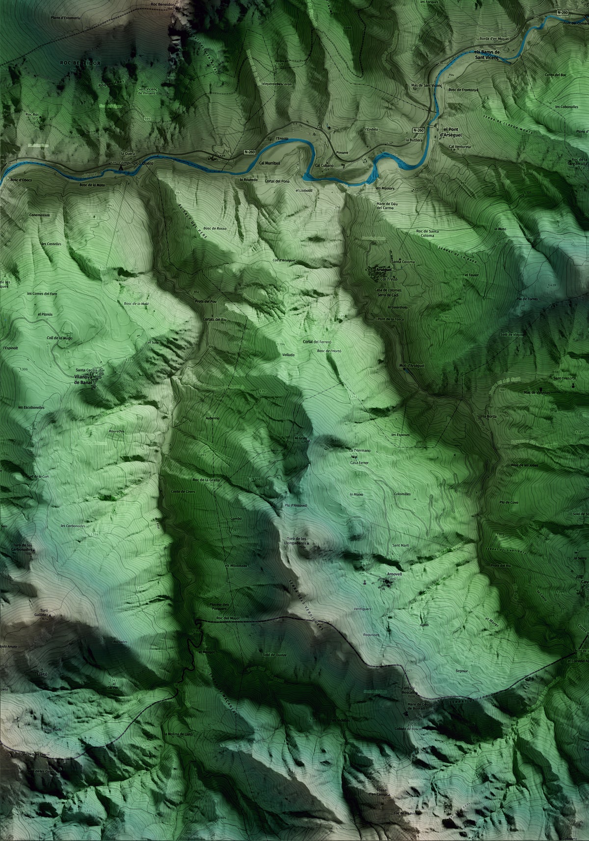 Mapa artístico del relieve del Pont de Bar, al Alt Urgell, con 15 km de entorno y base topográfica ICGC. Detalle de la zona inferior izquierda.