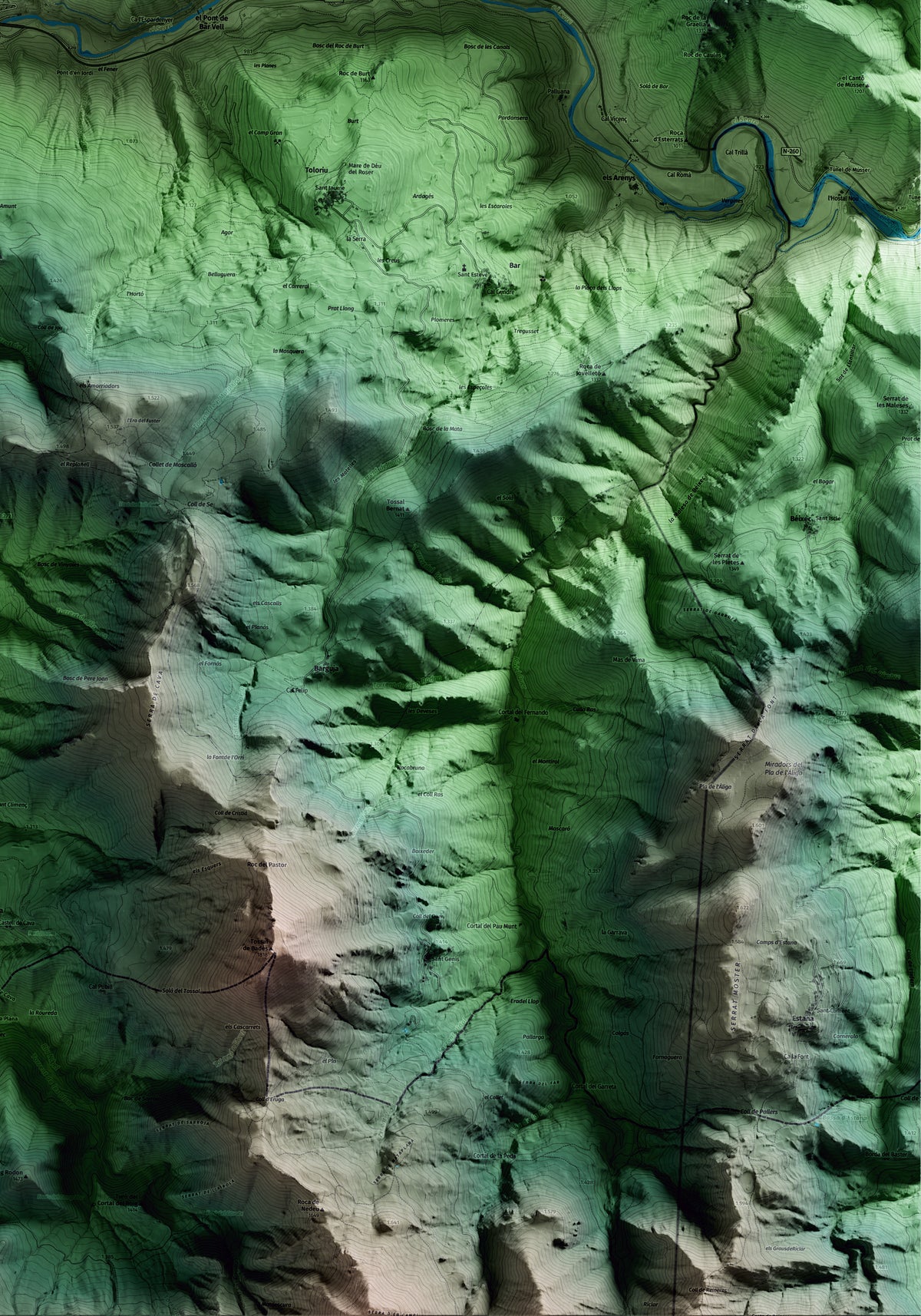 Mapa artístico del relieve del Pont de Bar, al Alt Urgell, con 15 km de entorno y base topográfica ICGC. Detalle de la zona inferior derecha.