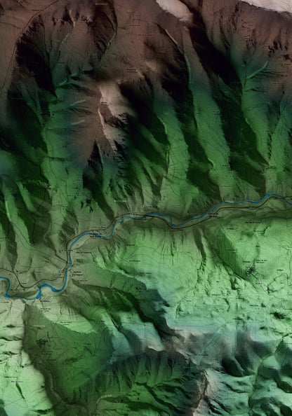 Mapa artístico del relieve del Pont de Bar, al Alt Urgell, con 15 km de entorno y base topográfica ICGC. Detalle de la zona central.