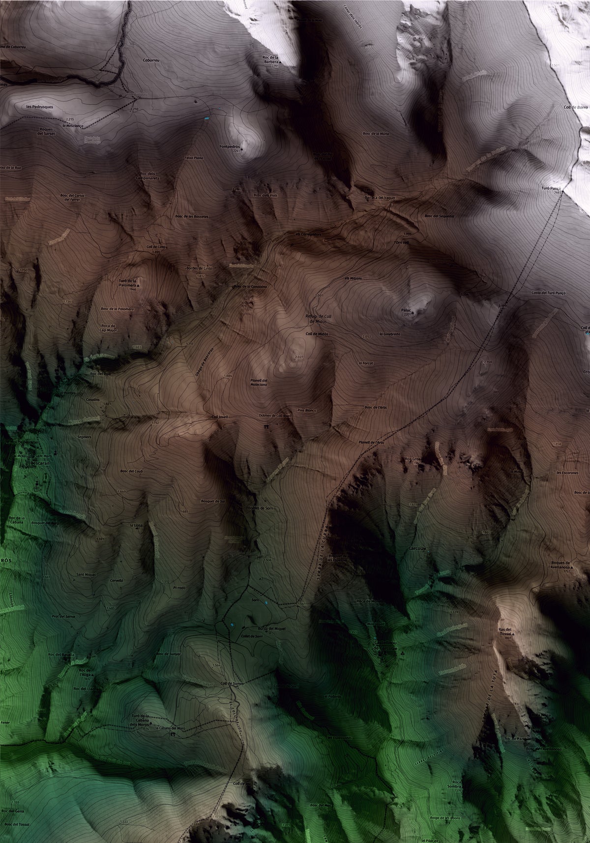 Mapa artístico del relieve del Pont de Bar, al Alt Urgell, con 15 km de entorno y base topográfica ICGC. Detalle de la zona superior izquierda.