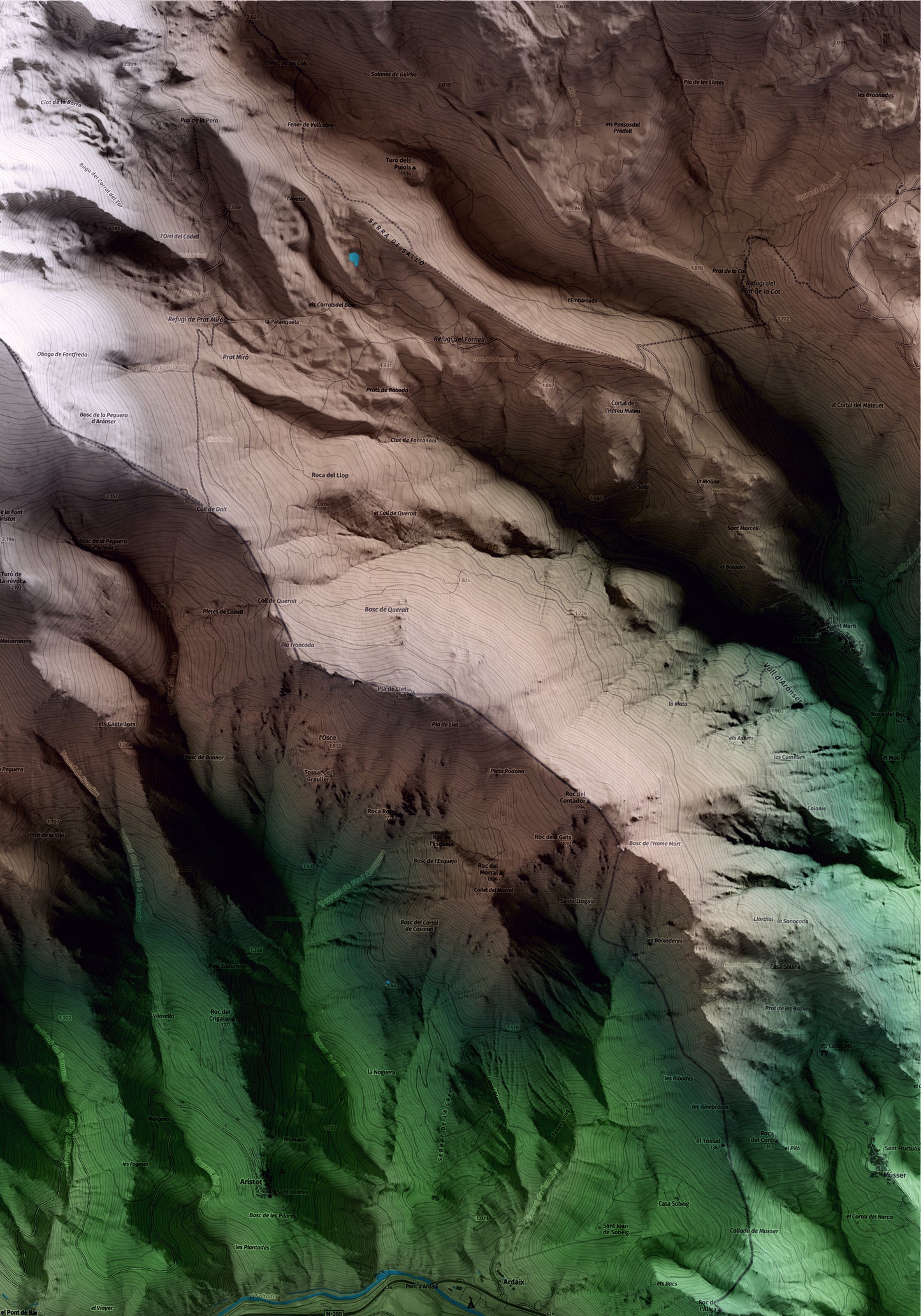 Mapa artístico del relieve del Pont de Bar, al Alt Urgell, con 15 km de entorno y base topográfica ICGC. Detalle de la zona superior derecha.