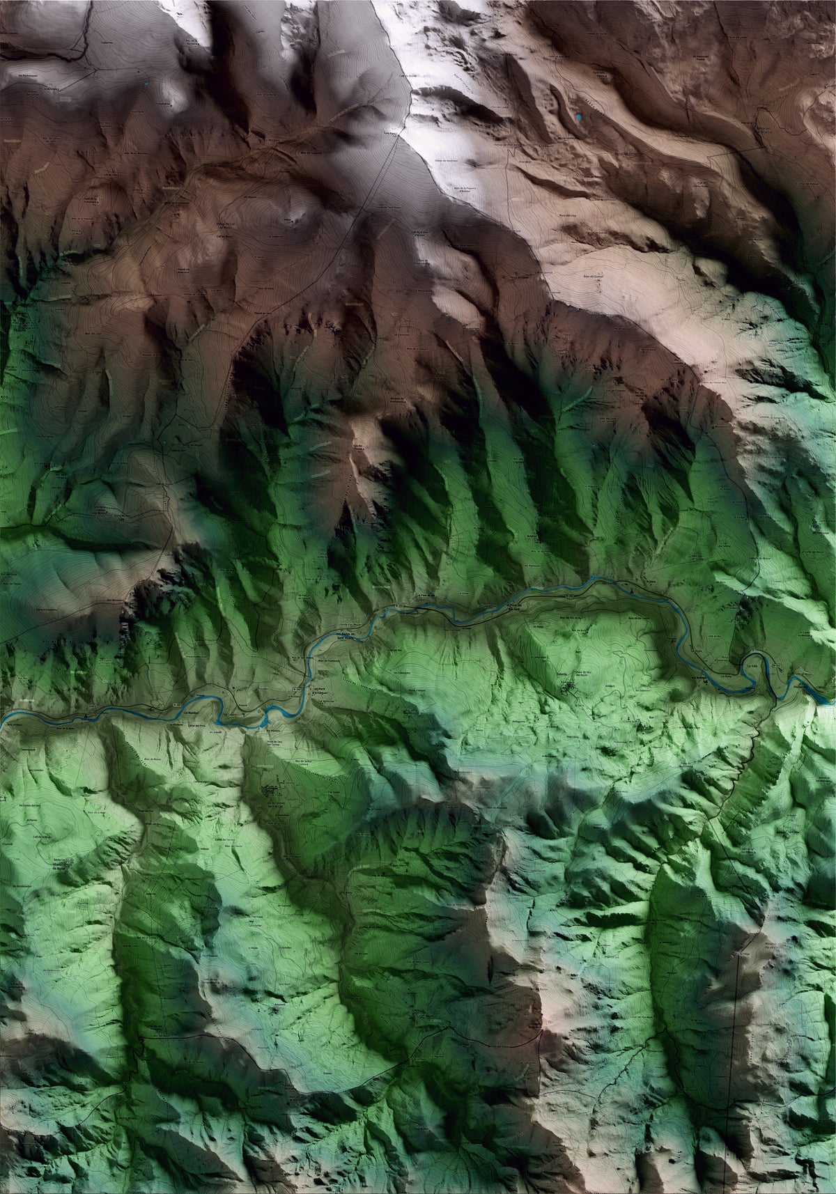 Mapa artístico del relieve del Pont de Bar, al Alt Urgell, con 15 km de entorno y base topográfica ICGC
