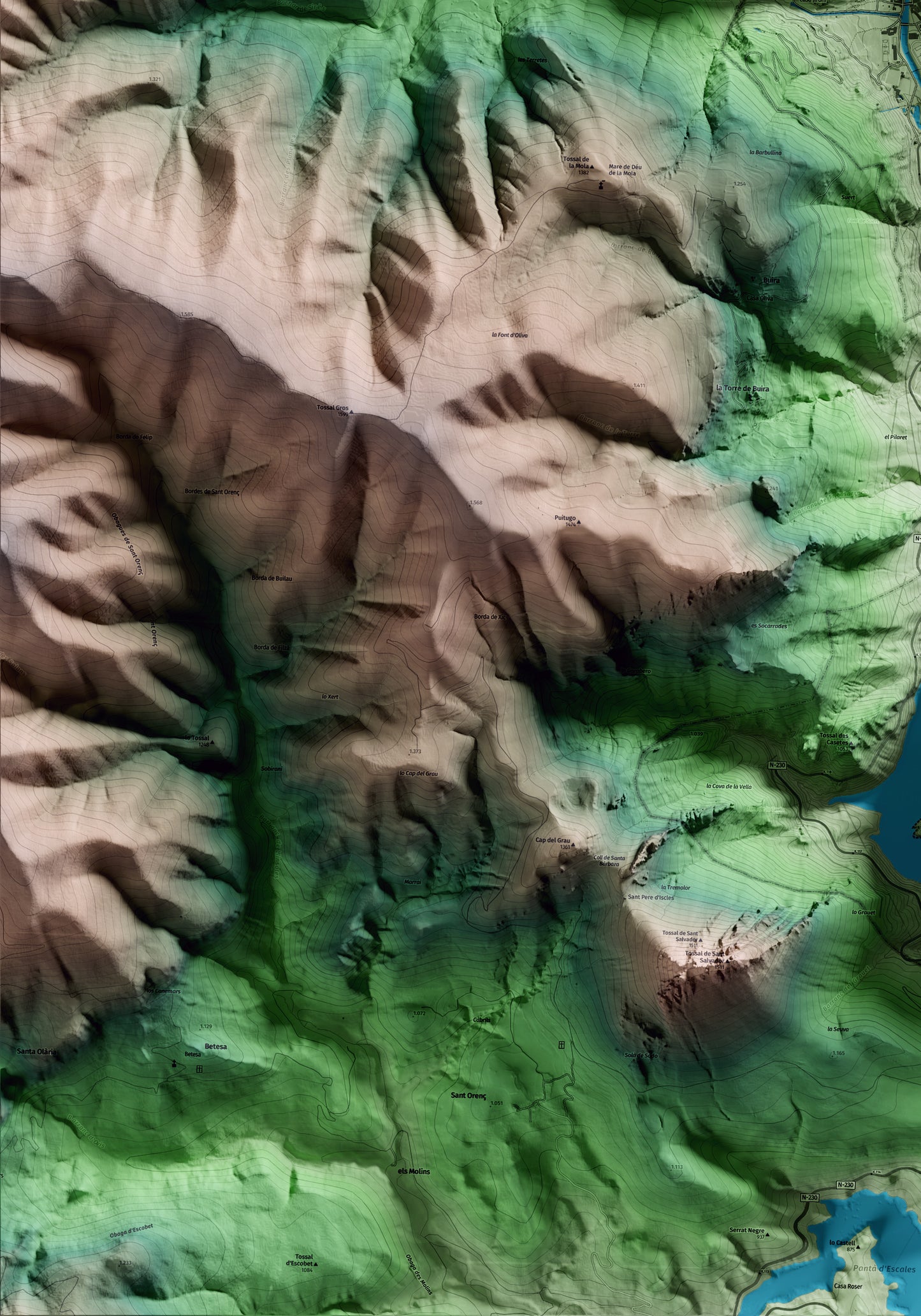 Mapa artístico del relieve del Pont de Suert, al Alta Ribagorça, con 15 km de entorno y base topográfica ICGC. Detalle de la zona inferior izquierda.