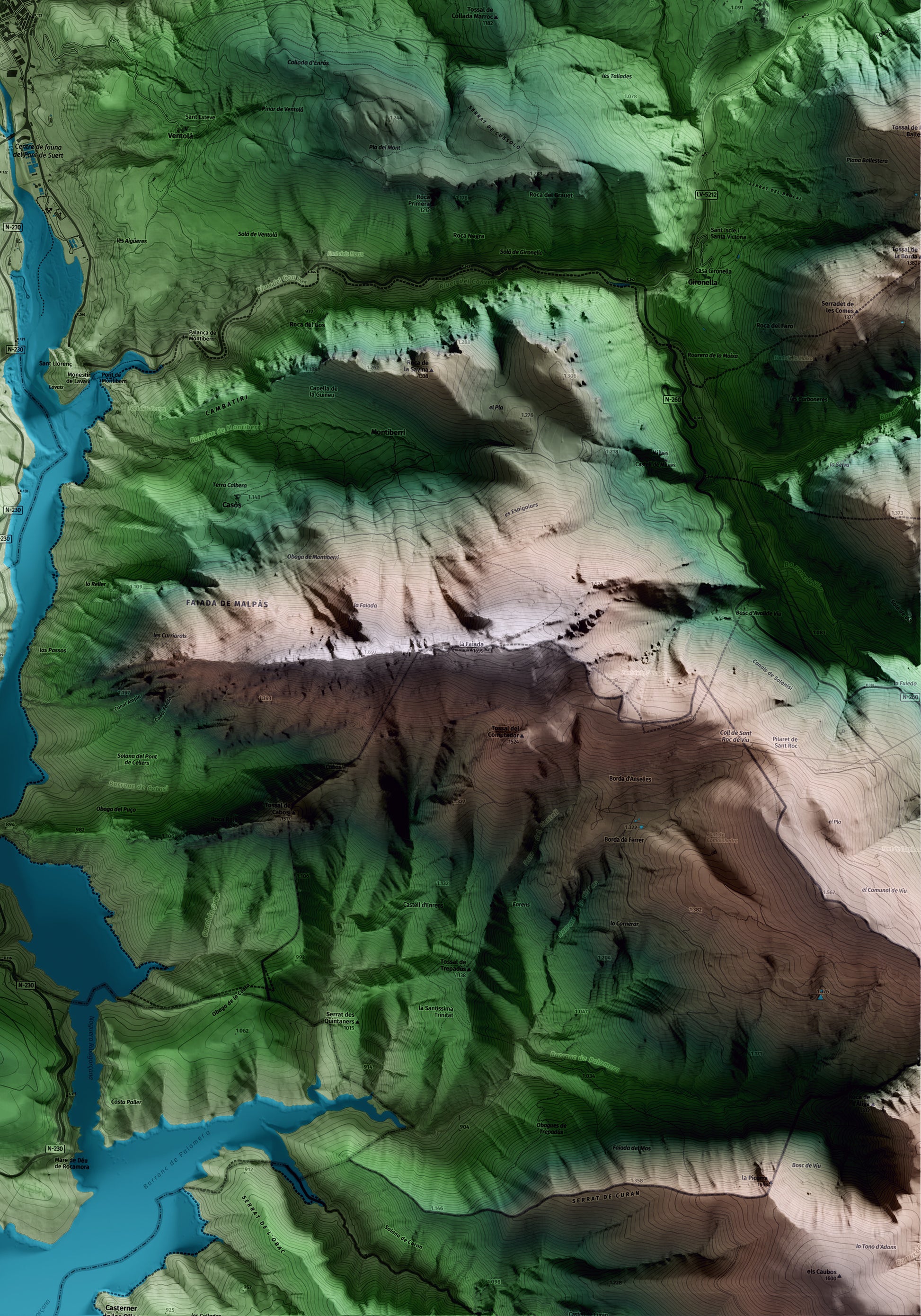 Mapa artístico del relieve del Pont de Suert, al Alta Ribagorça, con 15 km de entorno y base topográfica ICGC. Detalle de la zona inferior derecha.
