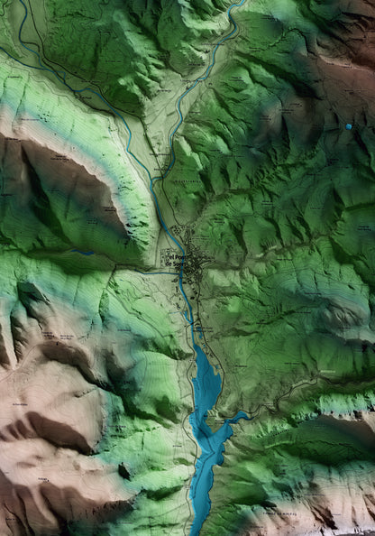 Mapa artístico del relieve del Pont de Suert, al Alta Ribagorça, con 15 km de entorno y base topográfica ICGC. Detalle de la zona central.