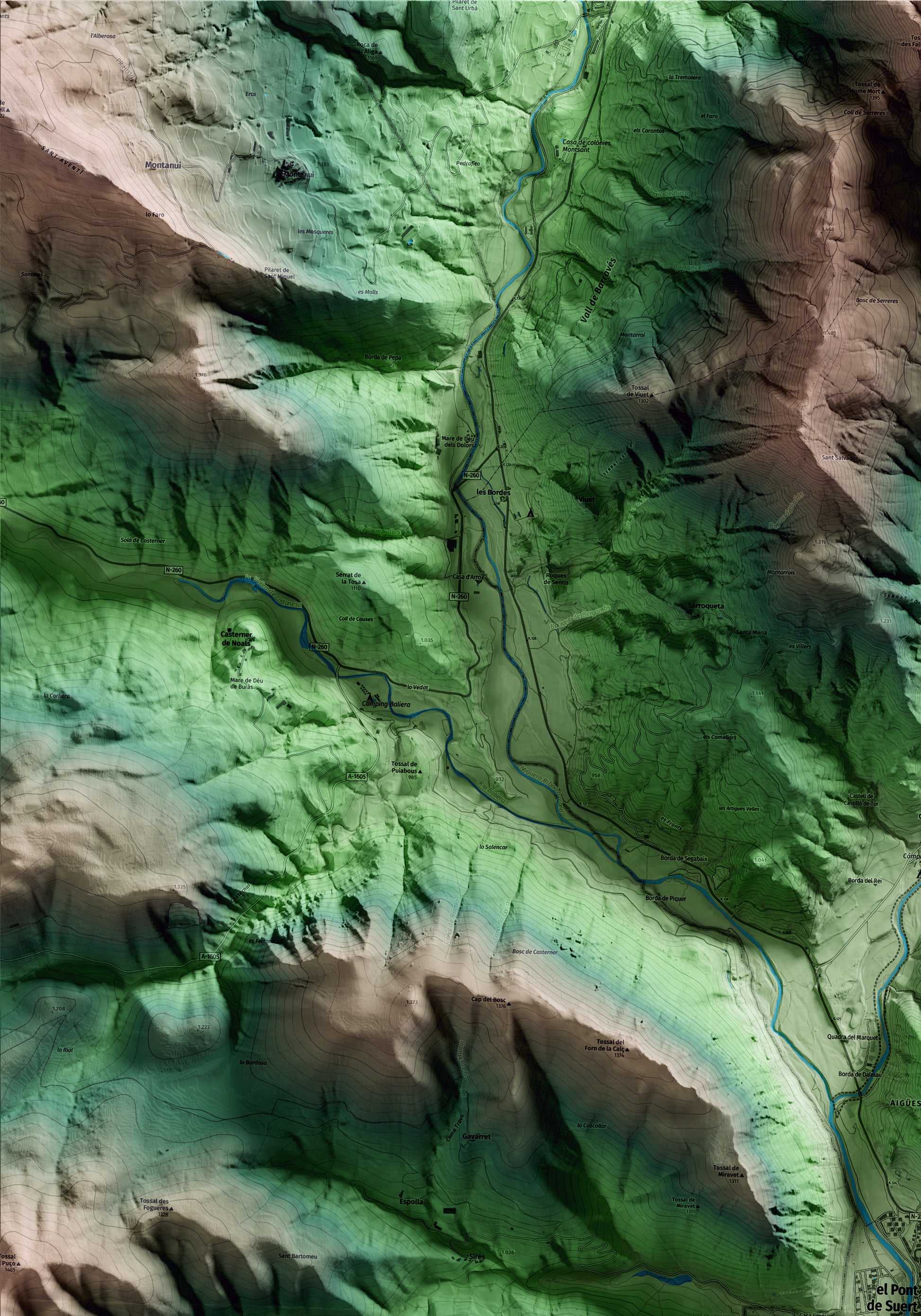 Mapa artístico del relieve del Pont de Suert, al Alta Ribagorça, con 15 km de entorno y base topográfica ICGC. Detalle de la zona superior izquierda.