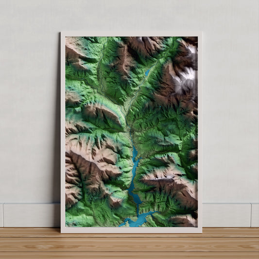 Mapa artístico del relieve del Pont de Suert, al Alta Ribagorça, con 15 km de entorno y base topográfica ICGC. Presentación enmarcada.